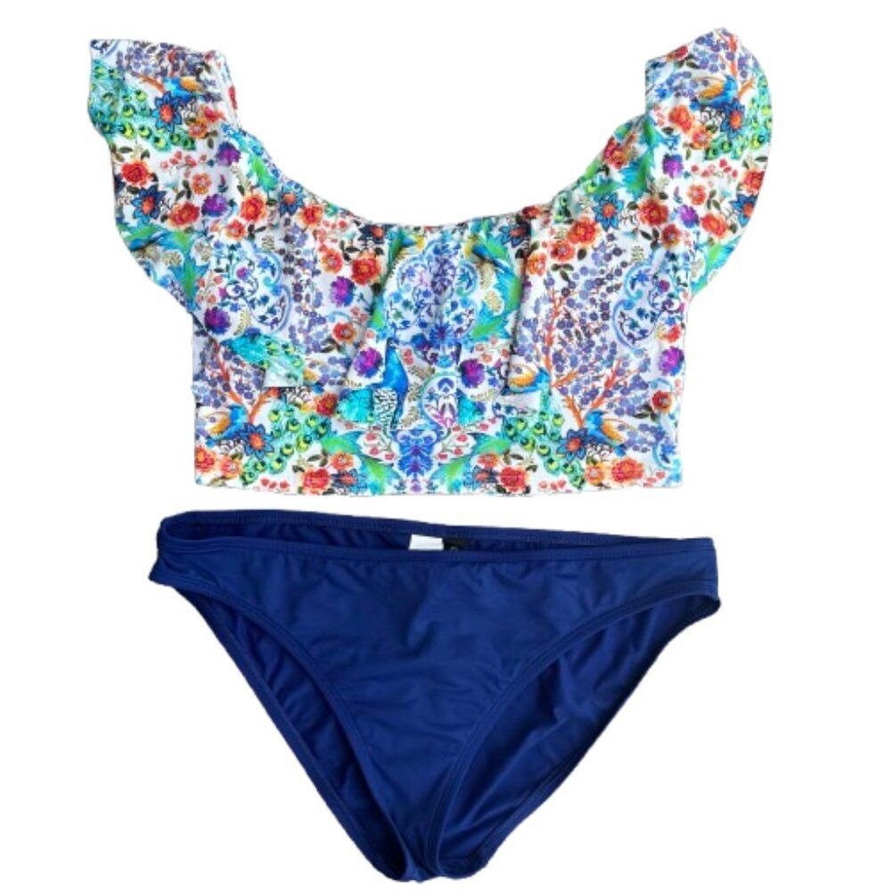 LA Blanca 2pc Swimsuit Womens Size 12 Blue Multicolor Floral Built-In Bra
